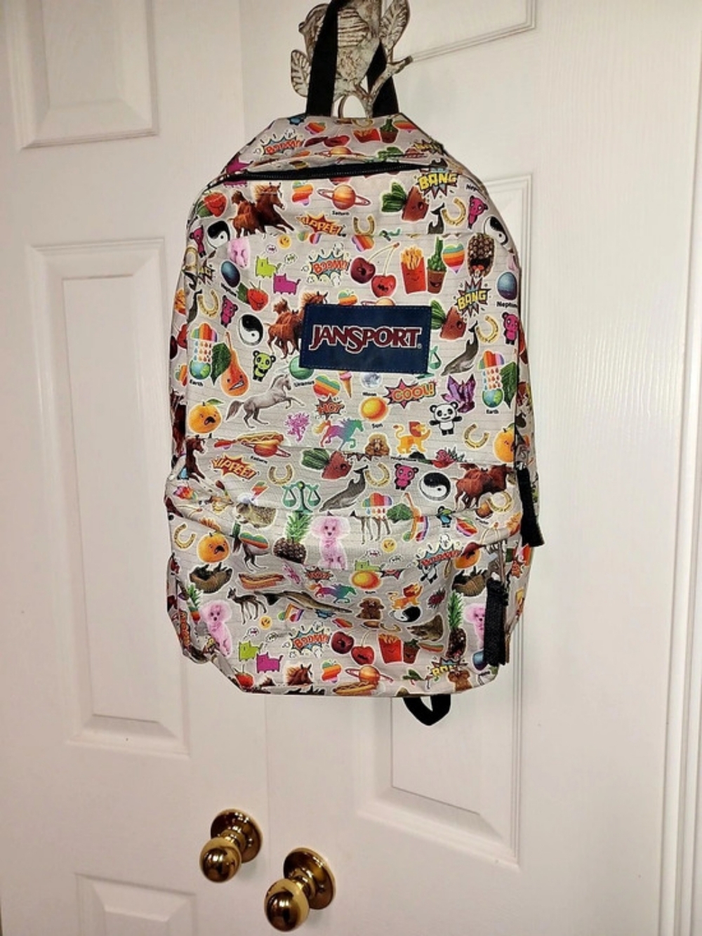 Jansport SuperBreak Multi Stickers Backpack in White & Black